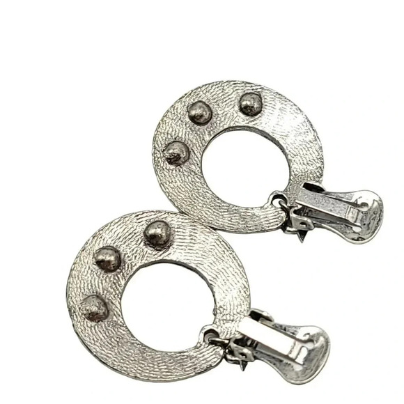 Retro Art Nouveau Style Multi-Color Rhinestone Silver Tone Dangle Clip Earrings - Picture 4 of 4